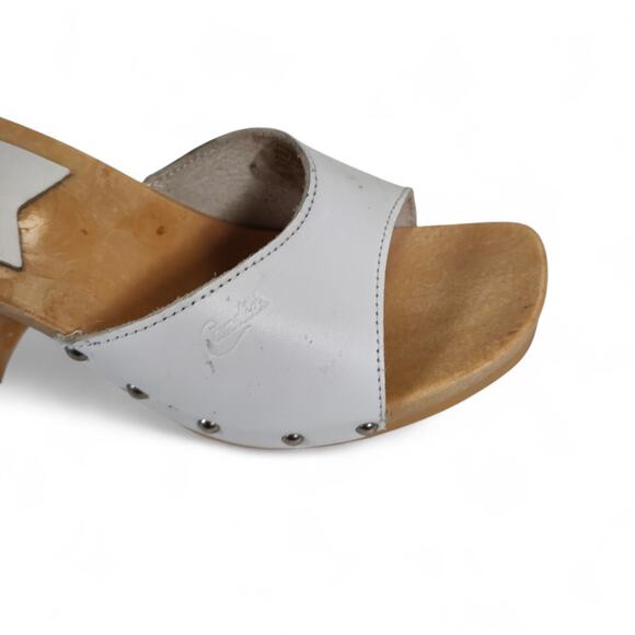 Vintage 1980s Candies White Leather Wooden Platform Mules Heels Sandals Studded - Picture 5 of 13